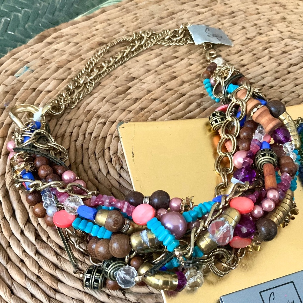 Multi Strand🩷SOLD🩷 BEADED CHUNKY STATEMENT NECKLACE SEQUIN ⭐️ NWT WOOD GLASS - Picture 14 of 14